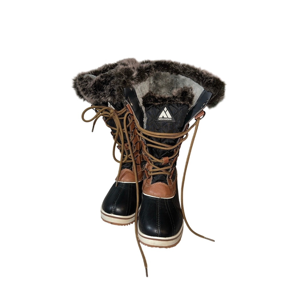Mishansha Women Winter Snow Boots Fur Lined Lace Up Waterproof Black Tan Sz 6.5‎ - Picture 8 of 8